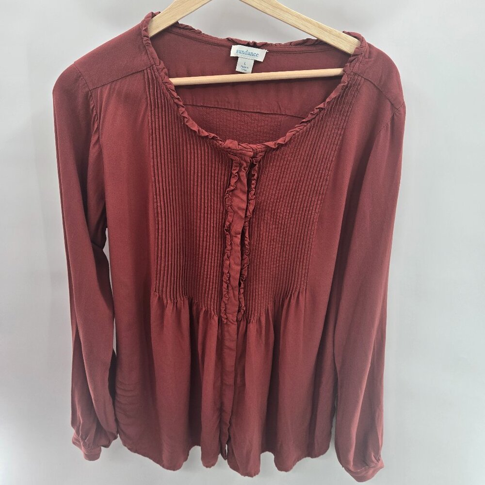 Sundance Rust Orange Pleated Popover Tunic Long Sleeved Top Large